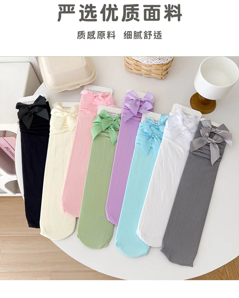 Thigh High Sock Stay Up - ถุงน่องผู้หญิง * ถุงน่องแบบยาว ถุงเท้าโลลิต้า ถุงน่องสูงถึงต้นขา ถุงเท้าสีชมพูประดับโบว์