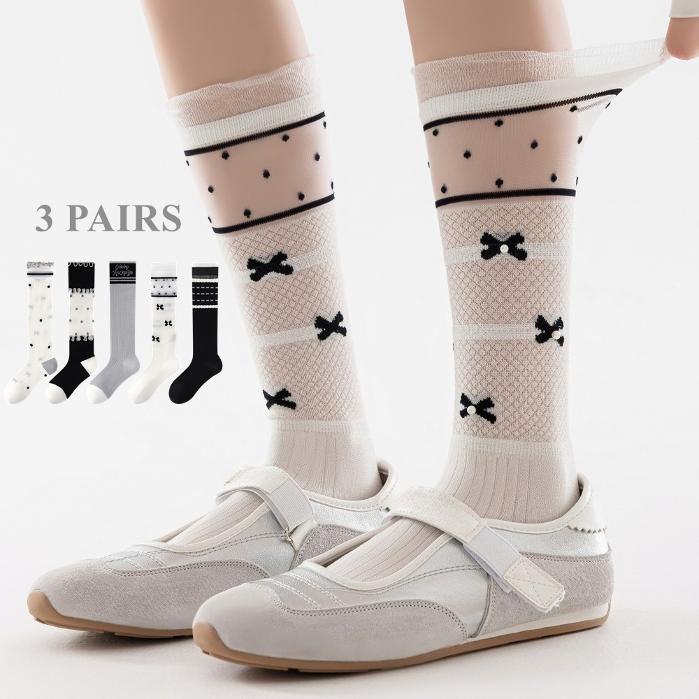 Silk Sock Bamboo - ถุงเท้าผู้หญิงน่ารัก 3 คู่ ถุงเท้าผ้าไหมบางลายลูกไม้ประดับโบว์ลายจุด ถุงเท้าข้อกลางแบบไร้ตะเข็บ ระบายอากาศได้ดี