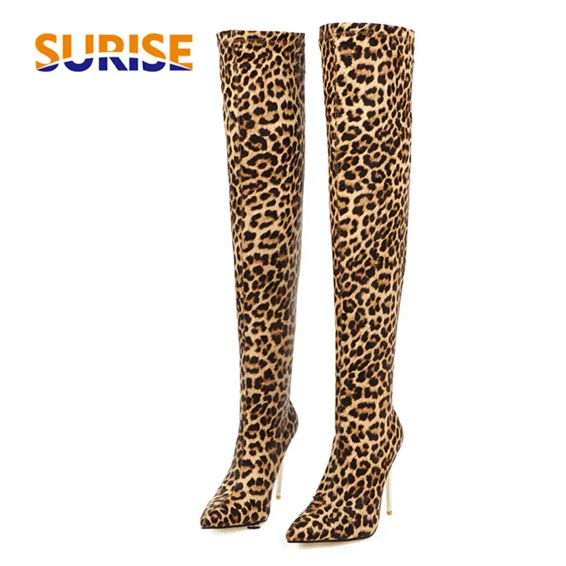 Knee High Sock Women - Plus ขนาดยืดเสือดาวกว่าเข่ารองเท้ารองเท้าส้นสูงบางชี้ Toe ฤดูหนาวเซ็กซี่สุภาพสตรียาวต้นขาสูง Stripper ถุงเท้ารองเท้า