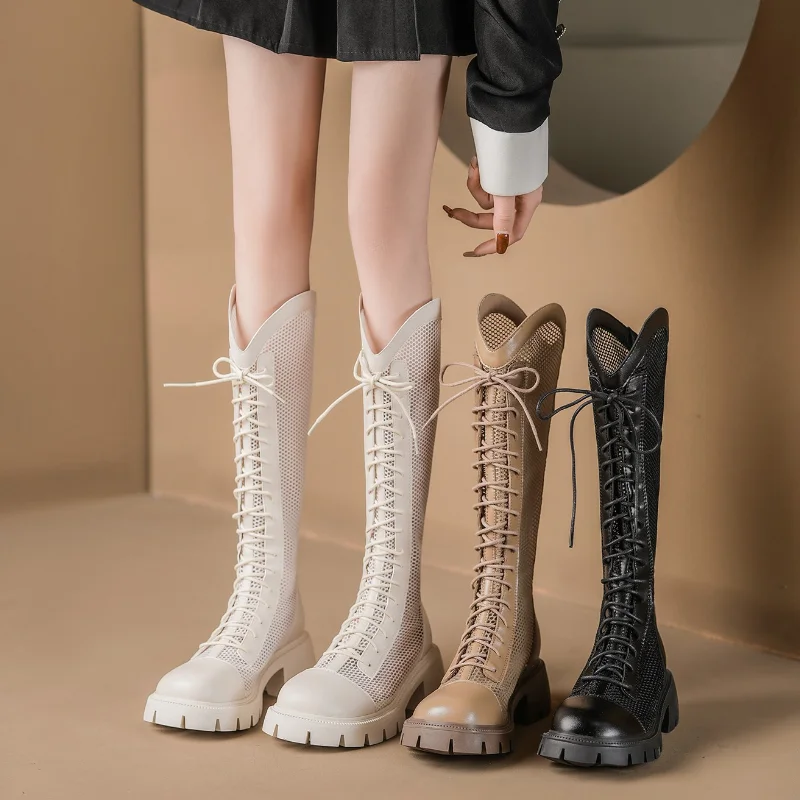Knee High Sock Women - รองเท้าบูทผู้หญิงแบบตาข่ายสูงถึงเข่า สไตล์นักรบ สำหรับฤดูร้อน ระบายอากาศได้ดี พื้นหนา ส้นหนา