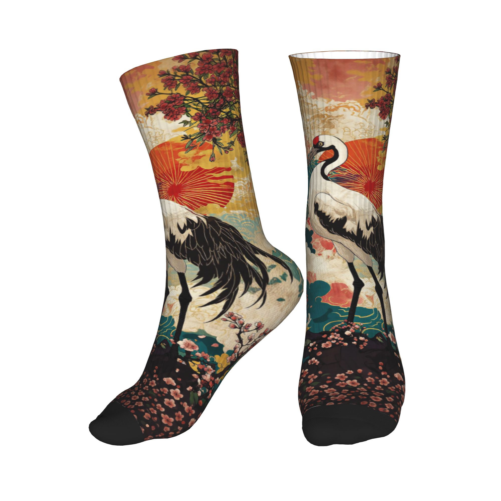 Dress Sock Men - แฟชั่นผู้ชาย Ukiyo-e Double Crane Cherry Blossom