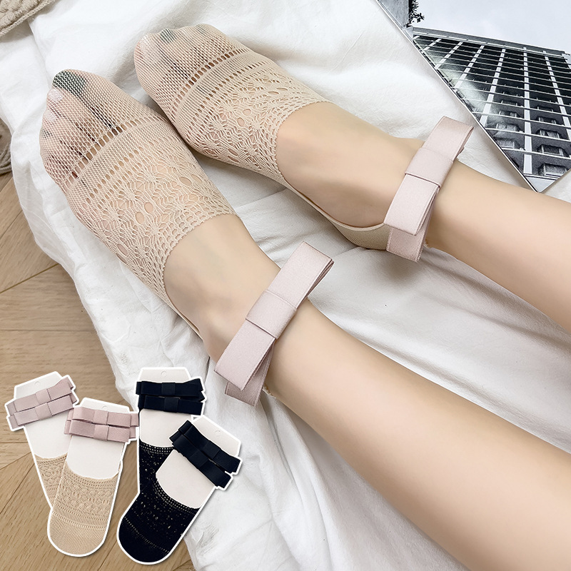 Invisibility Sock Loafer - ถุงเท้าสไตล์บัลเล่ต์สำหรับเด็กผู้หญิง, ถุงเท้าลูกไม้โลลิต้าแบบผูกเชือก ระบายอากาศได้ดี ทรงเตี้ย มองไม่เห็น, ถุงเท้าสไตล์
