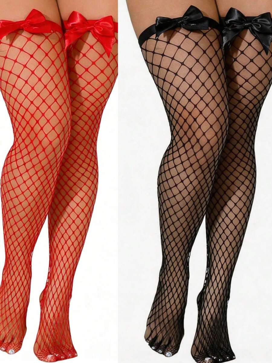 Knee High Sock Women - ถุงน่องตาข่ายประดับโบว์เหนือเข่า, ถุงน่องตาข่ายแบบยืดหยุ่นลายตาราง, ถุงน่องตาข่ายแบบหวานเซ็กซี่