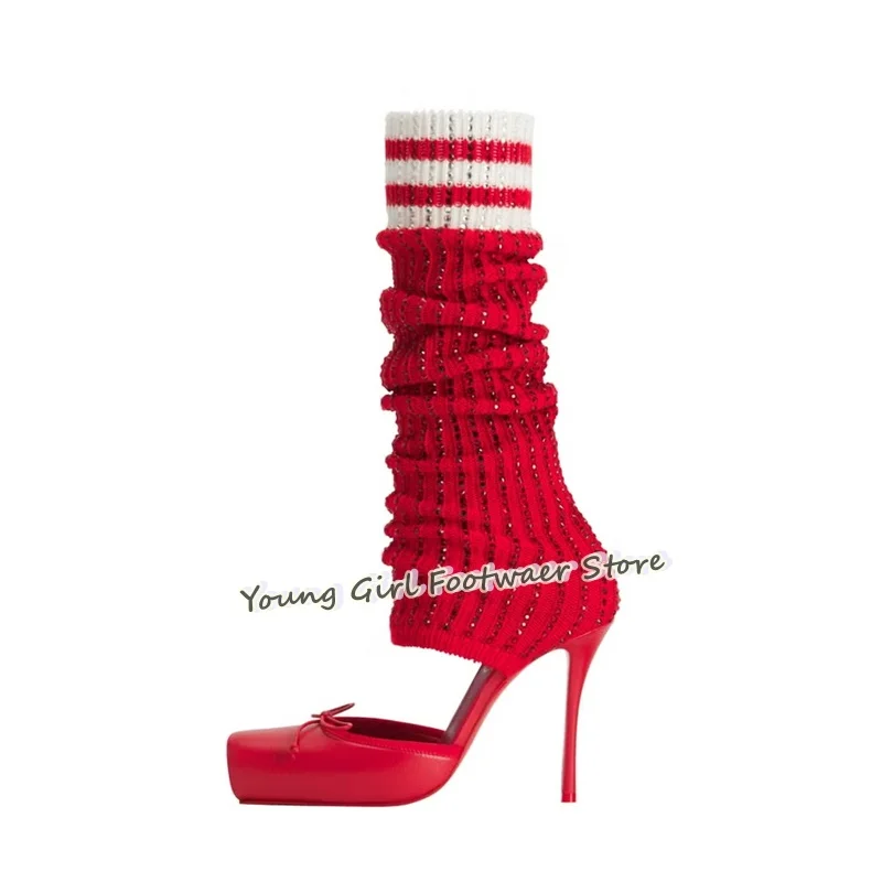 รองเท้าส้นเข็มแบบสวม สีแดง ตกแ - Knee High Sock Women บทวิจารณ์และราคา