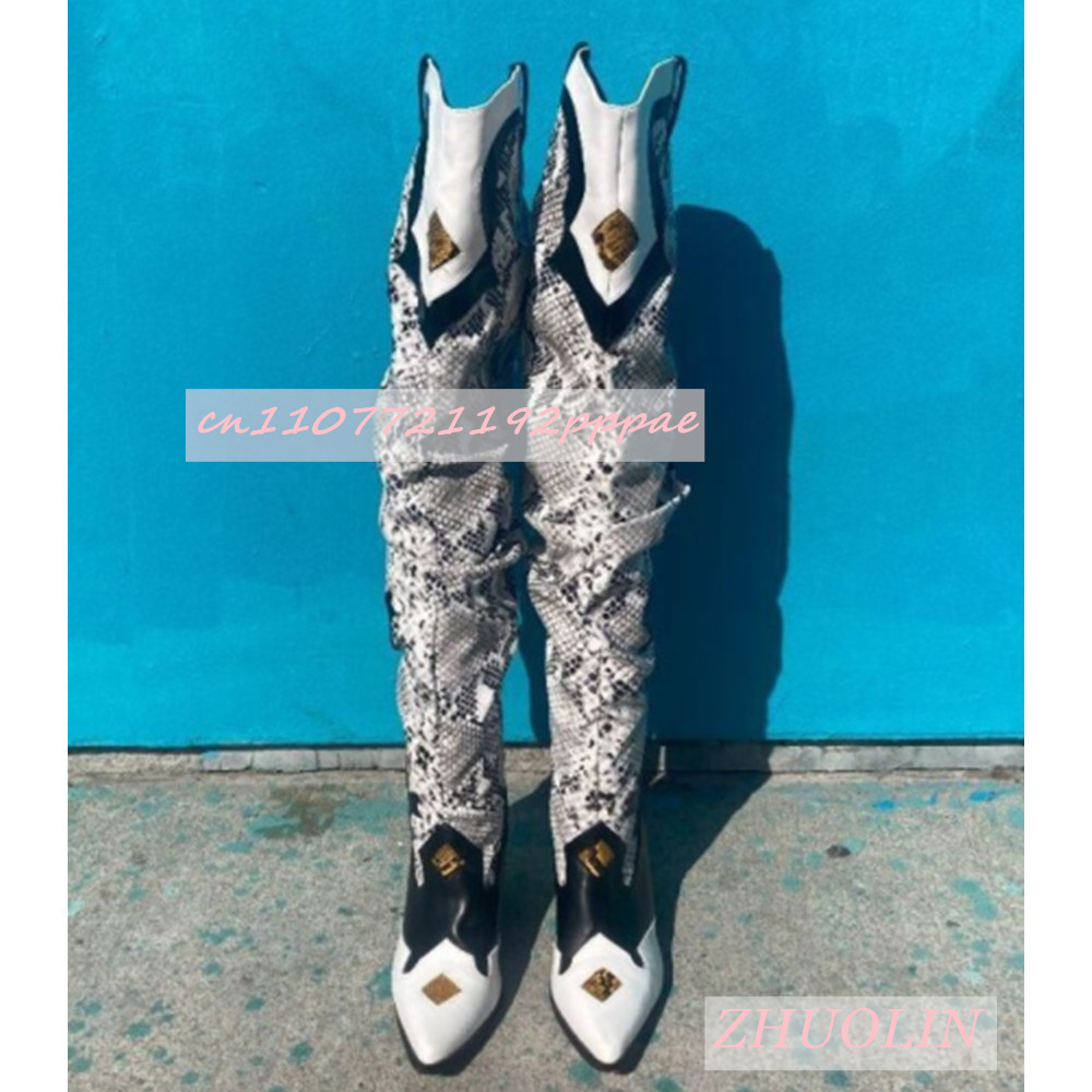 รองเท้าบูททรงสูงลายงูปักลายสำห - Knee High Sock Women บทวิจารณ์และราคา