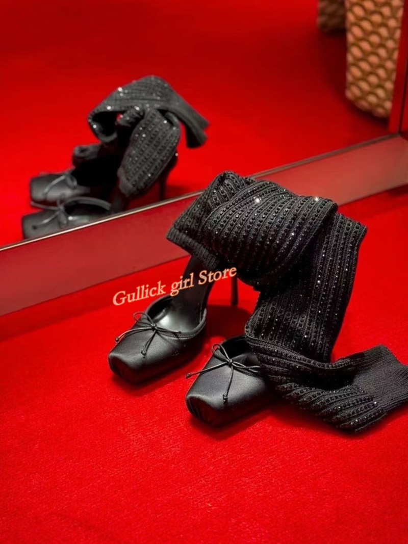 รองเท้าบูทส้นสูงทรงเหลี่ยมสีแด - Knee High Sock Women บทวิจารณ์และราคา